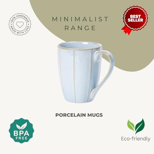 Beyond Homes Handcrafted Ceramic Coffee Mug Set Microwave & Dishwasher Safe Cup Set of 2 for Tea with Handle Glossy Finish, 330ml (2, Ivory & Aqua) - Image 2
