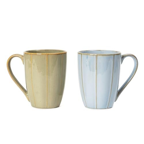 Beyond Homes Handcrafted Ceramic Coffee Mug Set Microwave & Dishwasher Safe Cup Set of 2 for Tea with Handle Glossy Finish, 330ml (2, Ivory & Aqua) - Image 1