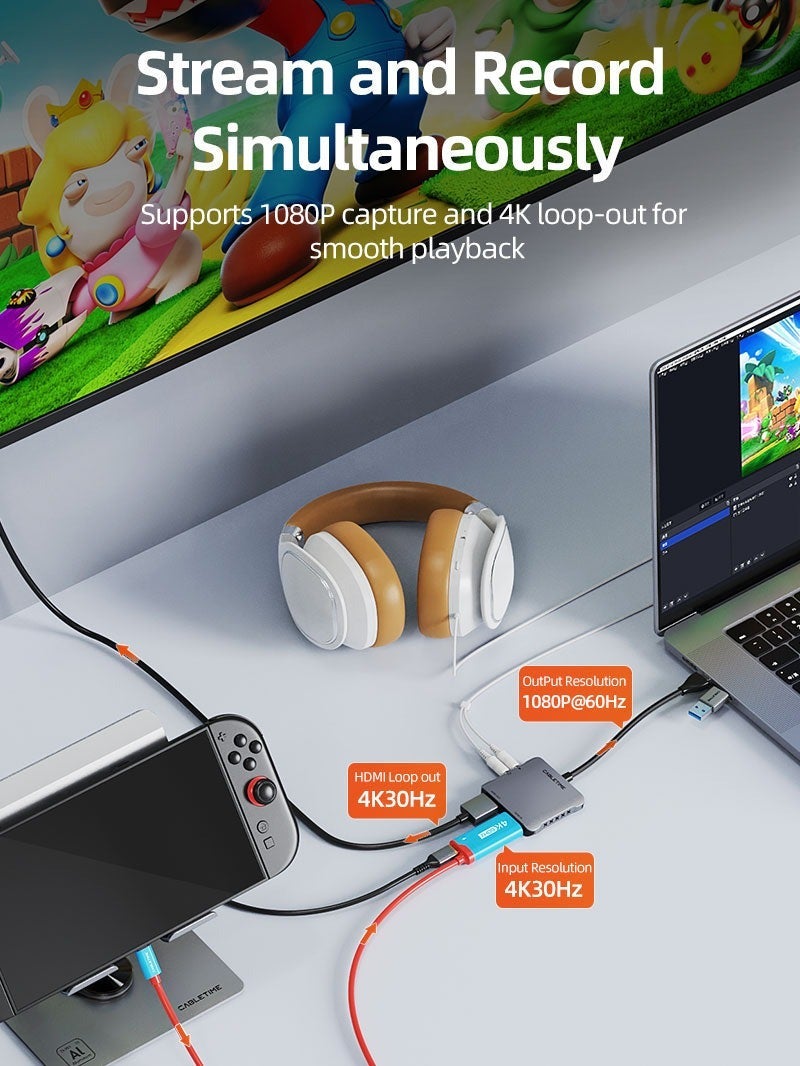كابل تايم محول USB 3.0 A+C إلى HDMI لالتقاط الفيديو مع مخرج متداخل - Image 3