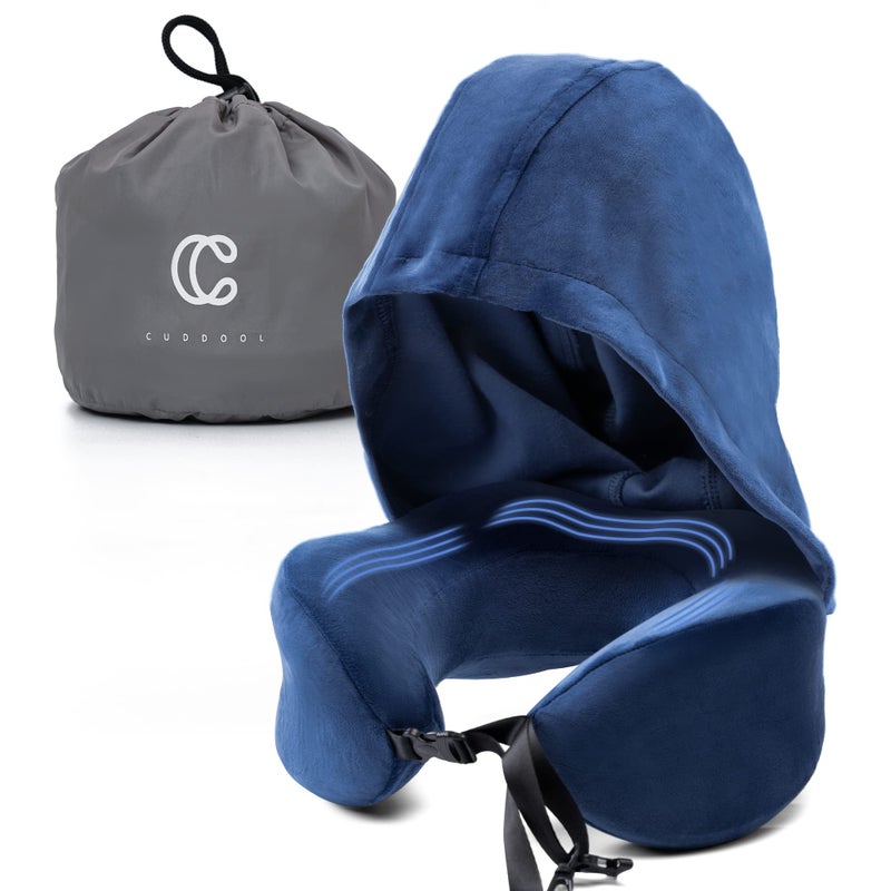 Cuddool Cuddool Neck Pillow with Hood  Memory Foam Neck Pillow Head Chin Support Airplane Car Office  Home Sleep Rest Travel Pillows with Hood Navy Blue L
