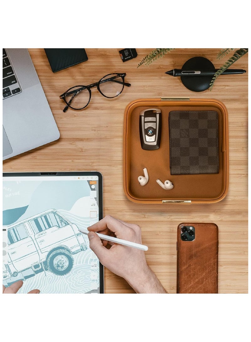 NANAO Luxury Leather Desktop Storage, Small Catchall Organizer, Decorative Tray for Entryway Table to Hold Jewelry,Watch,Cosmetics,Keys,Phone,Wallet,Home & Office Accessories (Orange) - Image 2