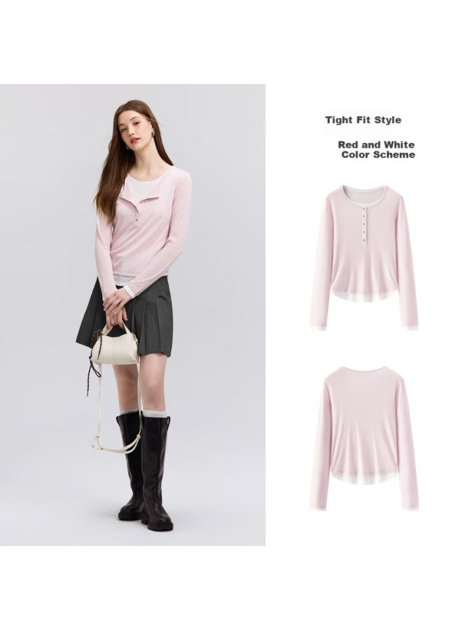 Semir Women's Short T-shirt, Slim Fit, Inner Layer, Spring And Autumn, Faux Two-piece Undershirt, Henley Collar, 109125101001 - Image 3