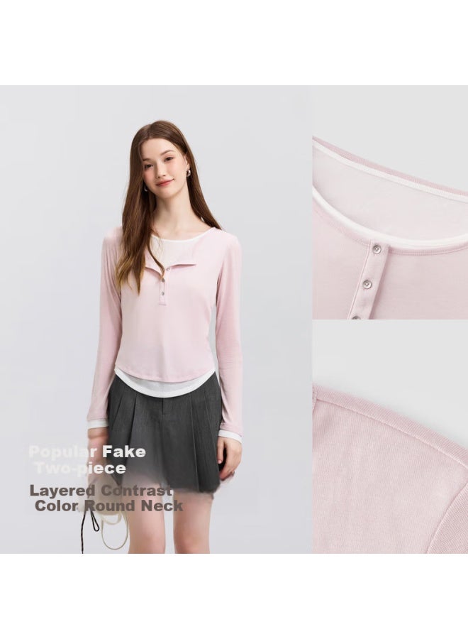 Semir Women's Short T-shirt, Slim Fit, Inner Layer, Spring And Autumn, Faux Two-piece Undershirt, Henley Collar, 109125101001 - Image 2