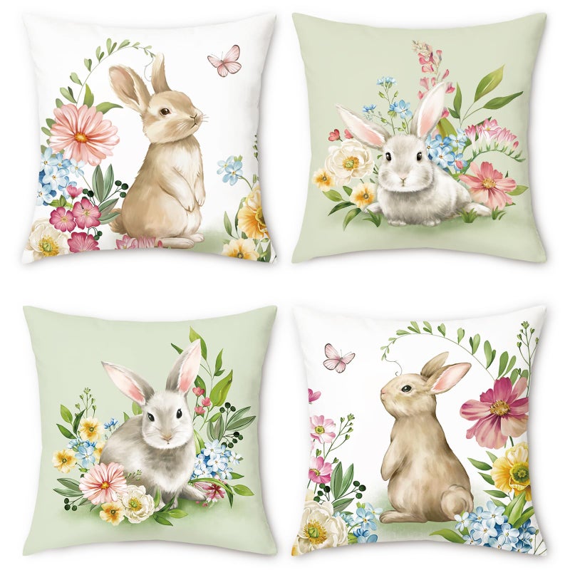 Bonhause Spring Easter Bunny Throw Pillow Covers 18x18 Set of 4 Rabbit Decorative Pillows Case Soft Velvet Cushion Covers for Couch Sofa Patio Garden Spring Decor - Image 1