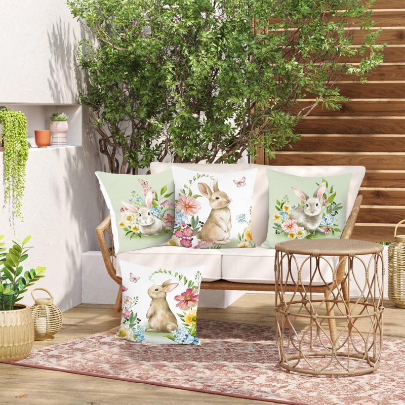 Bonhause Spring Easter Bunny Throw Pillow Covers 18x18 Set of 4 Rabbit Decorative Pillows Case Soft Velvet Cushion Covers for Couch Sofa Patio Garden Spring Decor - Image 3
