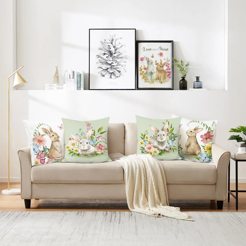 Bonhause Spring Easter Bunny Throw Pillow Covers 18x18 Set of 4 Rabbit Decorative Pillows Case Soft Velvet Cushion Covers for Couch Sofa Patio Garden Spring Decor - Image 2