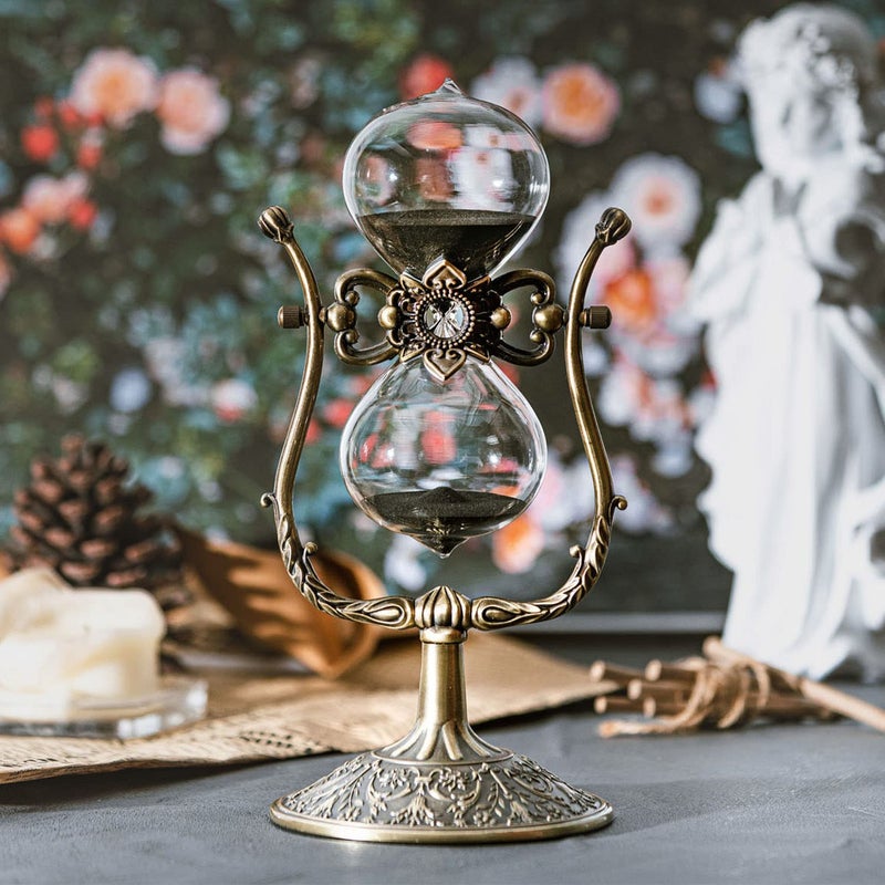 Samlong Large Hourglass Timer 60 Minute Sand Clock Rotating Embossed Sand Timer Vintage Home Dcor Bronze Metal Hour Glass with Black Sand