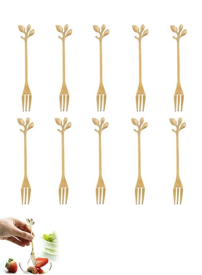 10 Pcs Leaf Shape Fruit Forks Set, Stainless Steel Gold Fruit Salad Forks, 4.7 Inches Tasting Dessert Forks (Golden)  - Image 1