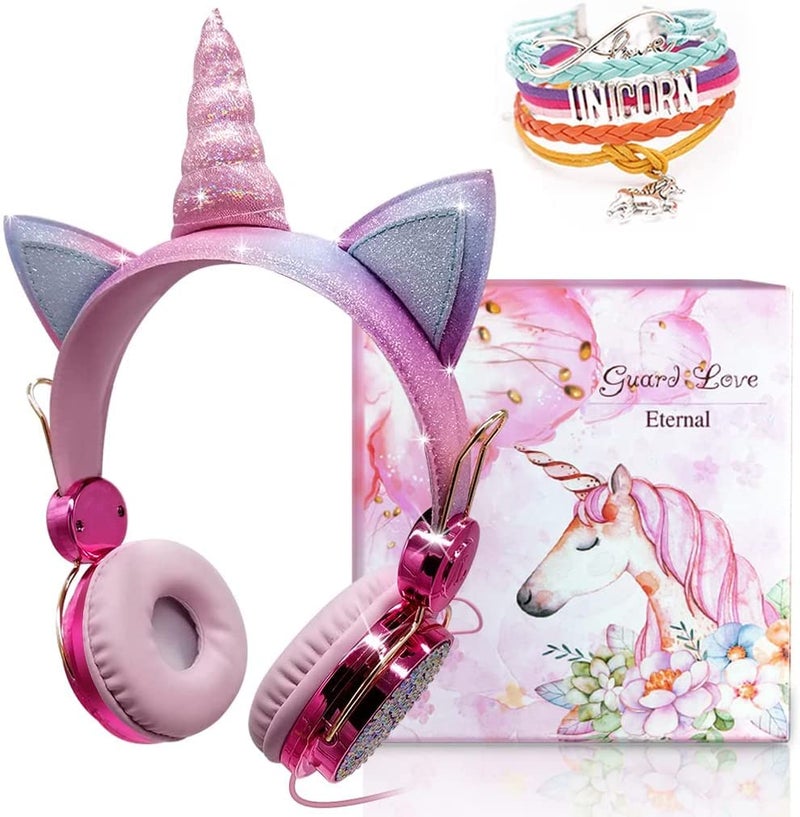 TCJJ Unicorn Kids Headphones for Girls Children Teens, Wired Headphones for Kids with Adjustable Headband, 3.5mm Jack and Over On Ear Headset w/Mic for School Birthday Xmas Unicorn Gift - Image 1