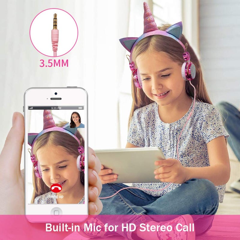 TCJJ Unicorn Kids Headphones for Girls Children Teens, Wired Headphones for Kids with Adjustable Headband, 3.5mm Jack and Over On Ear Headset w/Mic for School Birthday Xmas Unicorn Gift - Image 4