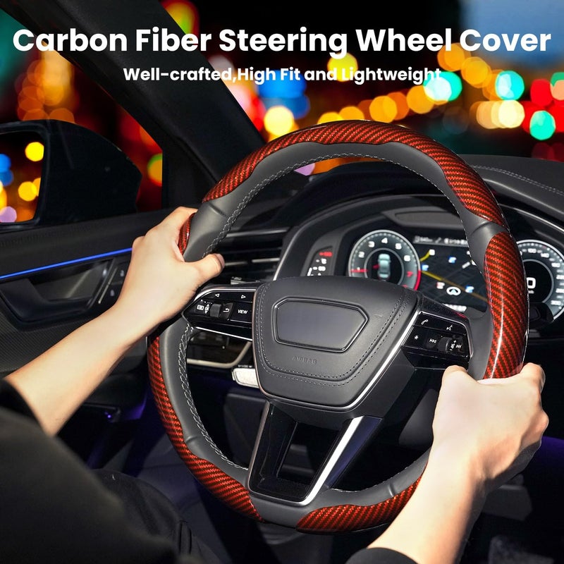 Hiseanllo Carbon Fiber Steering Wheel Cover 3PCS Set â€“ Anti-Slip, Scratch-Resistant, Universal Fit for 14â€“16 Inch Wheels â€“ Interior Car Accessories for Cars, SUVs, Trucks (Red) - Image 2