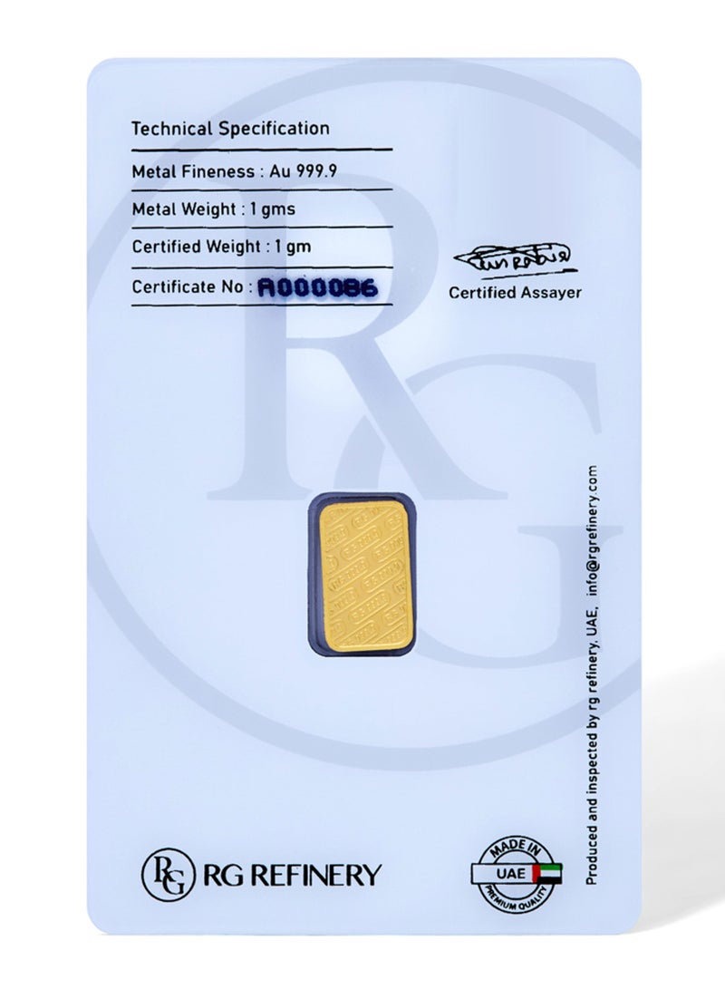 RG REFINERY Rafmoh Gold 1 Gram 24k Gold Bar with RG Design - 1 Grams Gold Bar 24KT 999.9 Purity  - Image 4