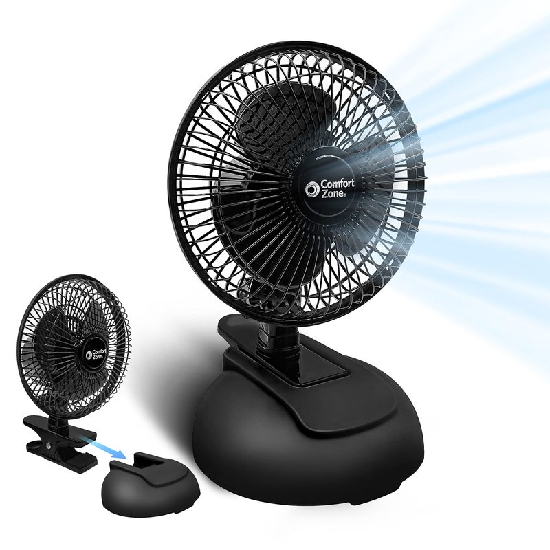 Comfort Zone Personal Clip or Desk Fan with Removable Base Portable Mini Bedroom Fan 6 inch 2 Speed Strong Clamp Firm Grip Airflow 653 ftsec Ideal for Home Bedroom Dorm  Office CZ6XMBK