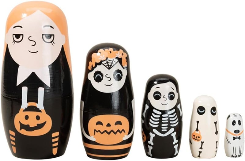 Winterworm Halloween Themed Girls Nesting Dolls Skeleton Pumpkin Ghost Puppy Wooden Russian Nesting Doll Matryoshka Kid Stacking Toy Gift Dolls for Home Haunted House Halloween Party Decoration  - Image 1