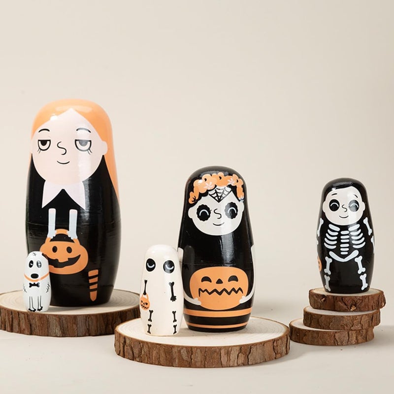 Winterworm Halloween Themed Girls Nesting Dolls Skeleton Pumpkin Ghost Puppy Wooden Russian Nesting Doll Matryoshka Kid Stacking Toy Gift Dolls for Home Haunted House Halloween Party Decoration  - Image 4