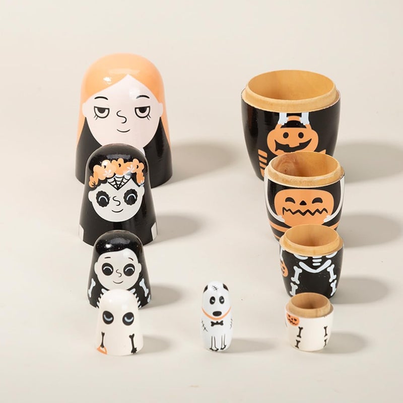 Winterworm Halloween Themed Girls Nesting Dolls Skeleton Pumpkin Ghost Puppy Wooden Russian Nesting Doll Matryoshka Kid Stacking Toy Gift Dolls for Home Haunted House Halloween Party Decoration  - Image 3