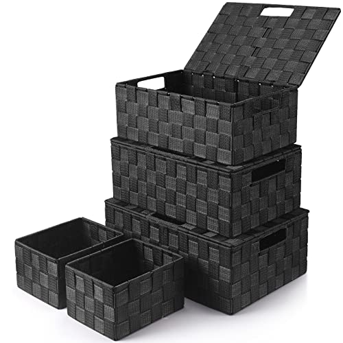 Uvellgift Storage Bins Baskets for Organizing with Lids Storage Baskets for Shelves Stackable Woven Basket Gift Small Basket Storage Cubes Decorative Wicker Basket with Builtin Handles 5 Pack Black - Image 1