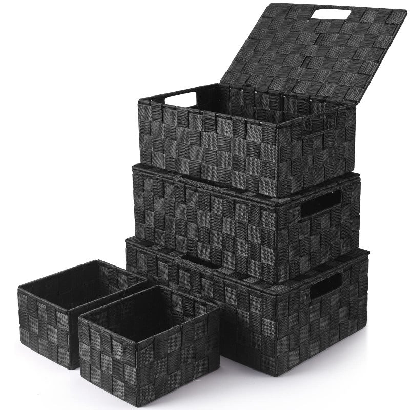 Uvellgift Storage Bins Baskets for Organizing with Lids Storage Baskets for Shelves Stackable Woven Basket Gift Small Basket Storage Cubes Decorative Wicker Basket with Builtin Handles 5 Pack Black - Image 2