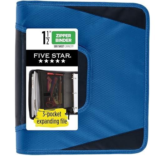 Five Star Zipper Binder, 1-1/2 Inch 3-Ring Binder with Round Rings, 3-Pocket Expanding File, 500 Sheet Capacity, Blue (72202) - Image 1