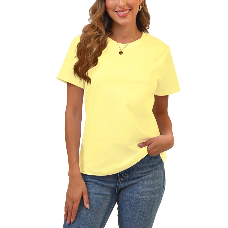 BJY 100% Cotton Women's Light Yellow Short Sleeve Crew Neck T-Shirt, Regular Fit Casual T Shirt Tops, Basic Tees, Tshirt, Tshirt - Image 1