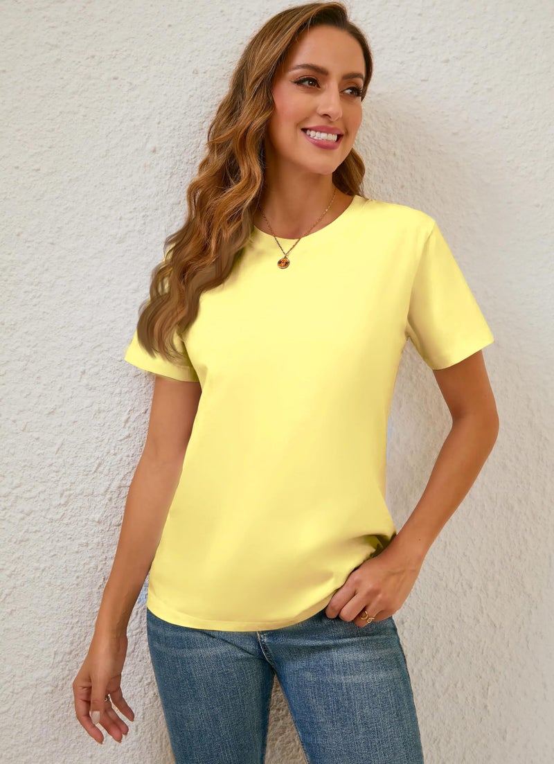 BJY 100% Cotton Women's Light Yellow Short Sleeve Crew Neck T-Shirt, Regular Fit Casual T Shirt Tops, Basic Tees, Tshirt, Tshirt - Image 4