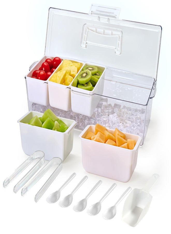 Luckore Chilled Condiment Caddy Server with 5 Removable Compartments Containers & Hidden Handle Design, Ice Chilled Condiment Tray Organizer, Clear Garnish Tray for Camping, Kitchen, Fruit, Salad - Image 1
