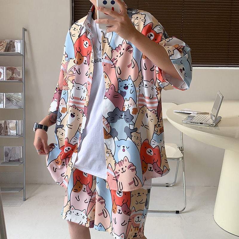 Generic Mens Summer Casual Beach Set Lightweight Hawaiian Shorts Shirt Combo 1151 shirt K1151 shorts pink 