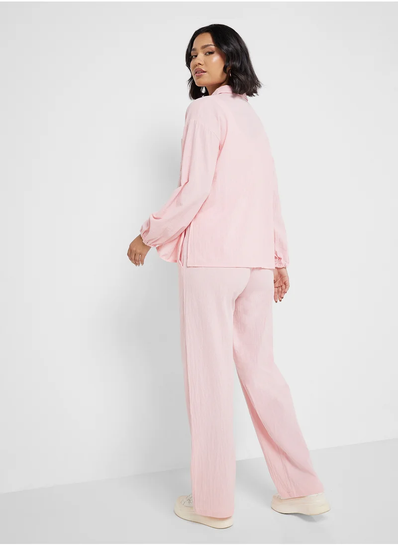 جينجر Cotton Oversize Shirt & Wide Leg Pant Set