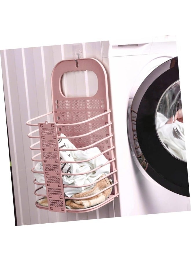 Foldable Hanging Laundry Basket with Plastic Handle Storage Basket for Home Clothes Organizer -Pink - Image 3