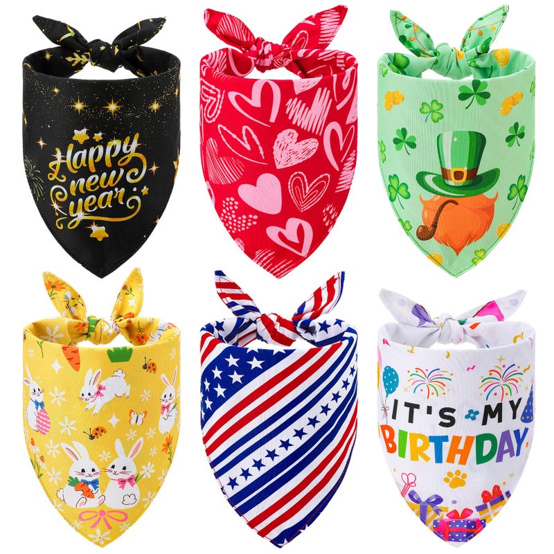 Guiqulai 6 Packs Holiday Dog Bandanas, Valentine's St. Patrick's Easter Independence Day Pet Bandanas New Year Birthday Scarf Adjustable Daily Reversible Festival Triangle Scarves for Dogs Costume - Image 1