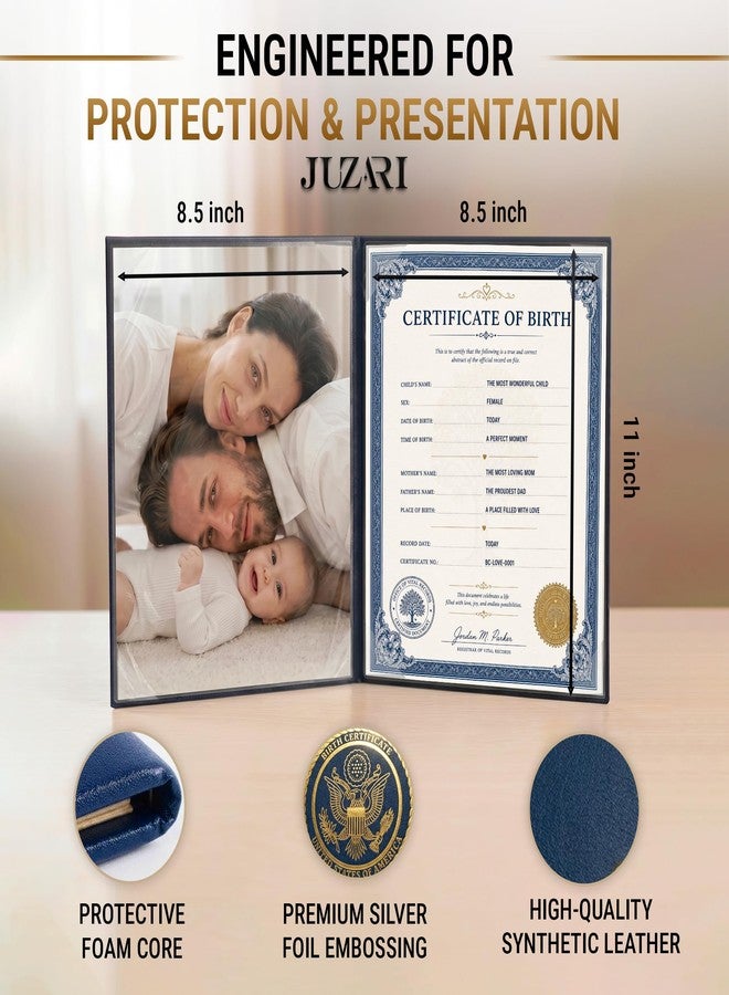 JUZARI Birth Certificate Holder 8.5x11 Blue - Faux Leather Document Protector for Records Letter Size - Durable Birth Certificate Document Holder Sleeve - Protective Keepsake Folder with Gold Foil Cover - Image 2