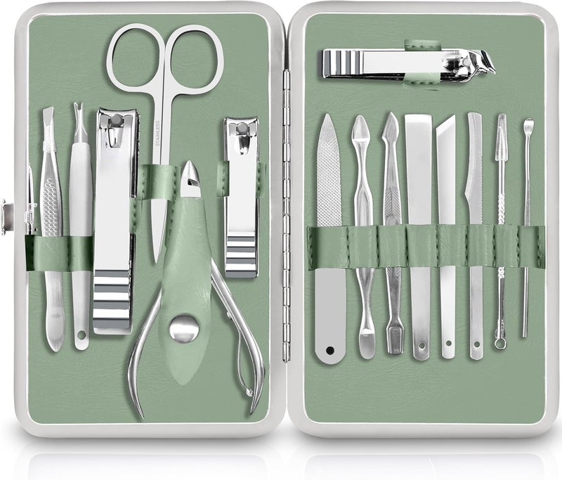 Utopia Care - Manicure Kit for Women and Men, Manicure Set with Nail Clippers or Nail Kit Includes Fingernail & Toenail Clippers,15-Pcs Pedicure Kit Stocking Stuffers with Travel Case - Green - Image 1