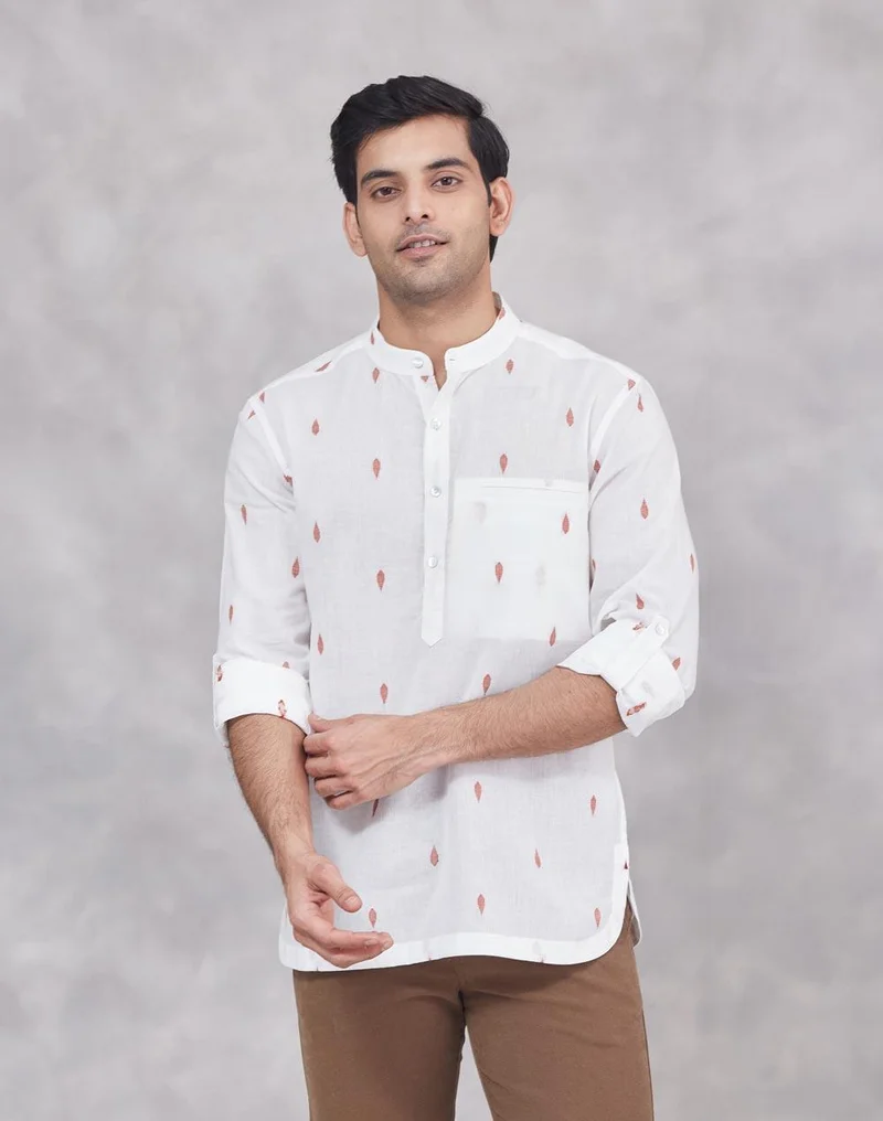 فاب انديا White Cotton Dobby Slim Fit Mid Placket Shirt