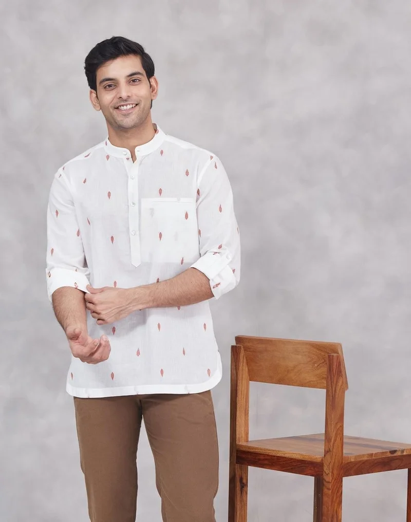 فاب انديا White Cotton Dobby Slim Fit Mid Placket Shirt