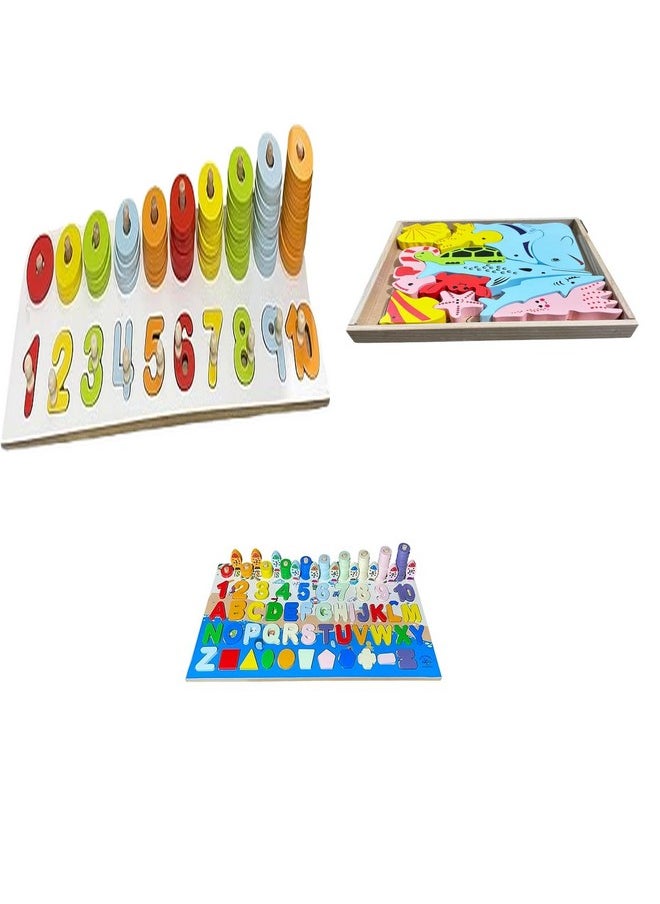 Kinder Creative Kinder Creative Peg Number Ring Counting Set,3D Sea Animals Stacking Puzzle,Alphabet & Numeric Magnetic Fishing Game, Educational Puzzle and Toys for Kids Pack of 3  - Image 1