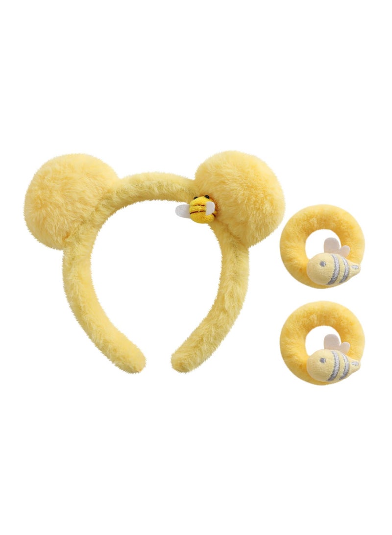 SOLARAE Bear Ears Headband, with 2PC Hair Ties Yellow Plush Bee, Bee Ears Headband Adult The Pooh Ears Headband, Bear Headband Ponytail Holders Fashion Headbands, Women Girls Costume Accessories - Image 1