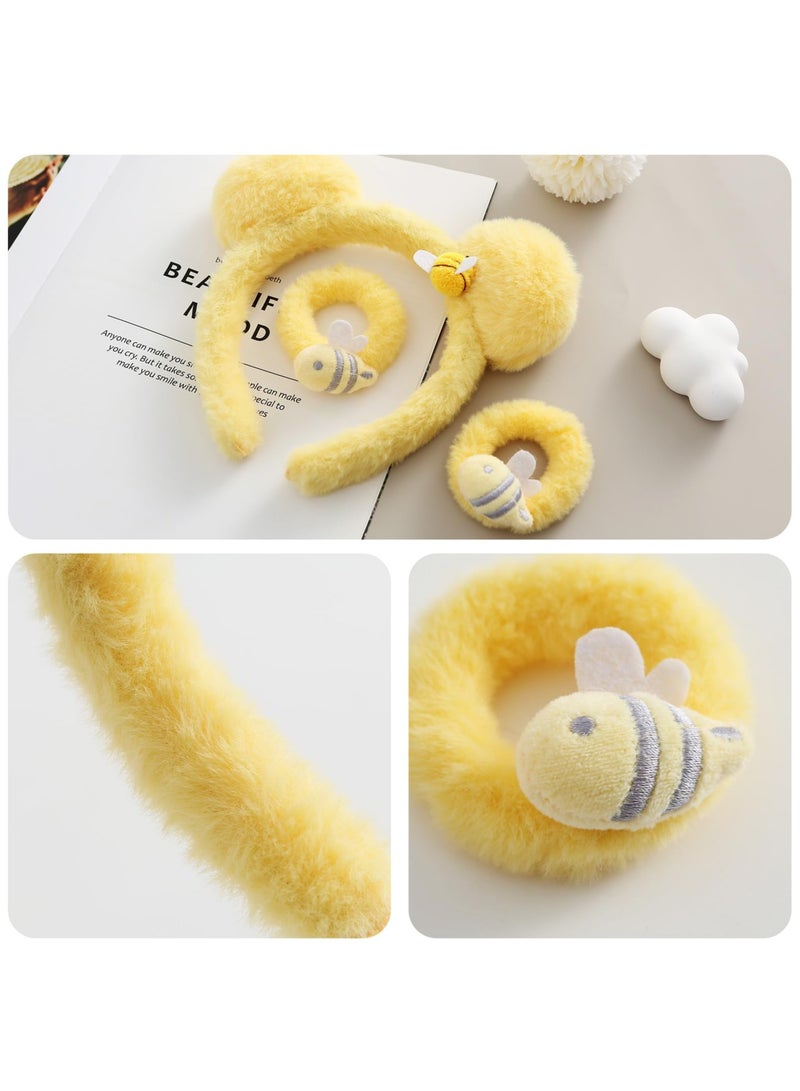 SOLARAE Bear Ears Headband, with 2PC Hair Ties Yellow Plush Bee, Bee Ears Headband Adult The Pooh Ears Headband, Bear Headband Ponytail Holders Fashion Headbands, Women Girls Costume Accessories - Image 4