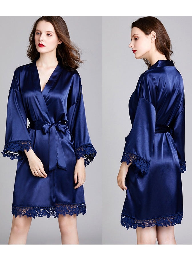 Loquat Women's Lace Stitching Loose Nightgown Night-Robe Solid Color Soft Bathrobe Loungewear Navy Blue