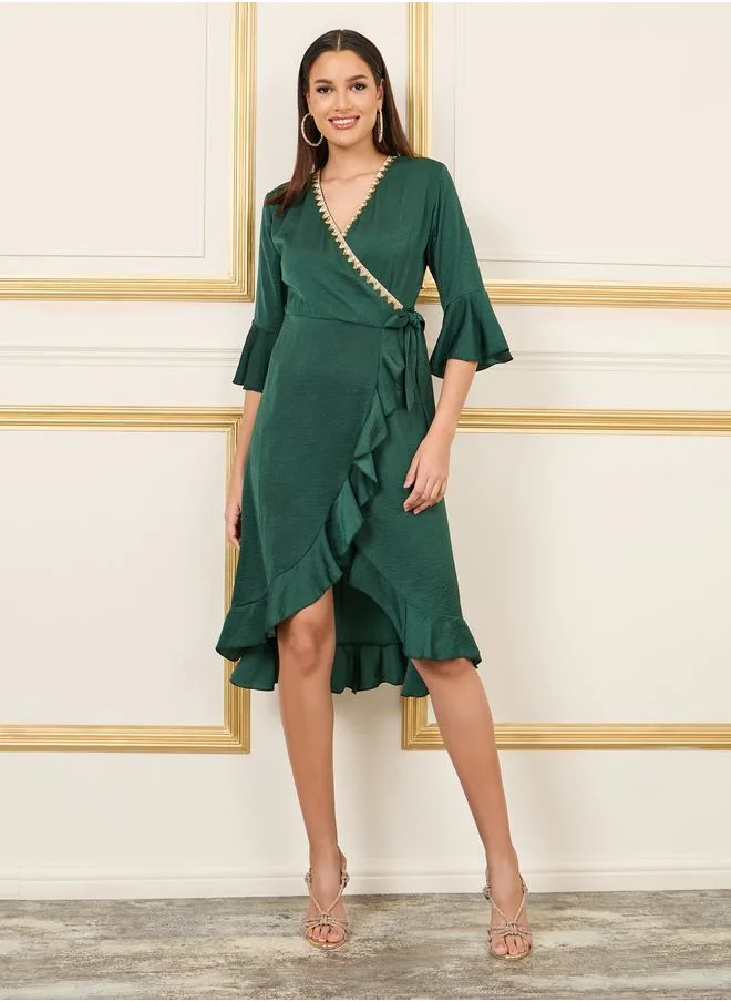 ستايلي Embroidered Lace Trim Ruffle Hem Wrap Midi Dress