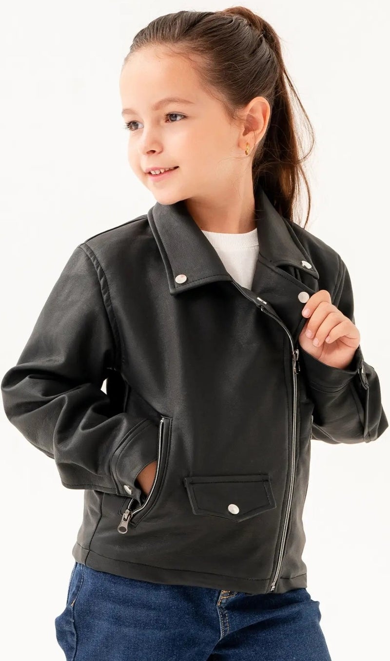 Gold Class Kidswear Double Pocket Zippered Lined Girls Leather Jacket  - Image 2
