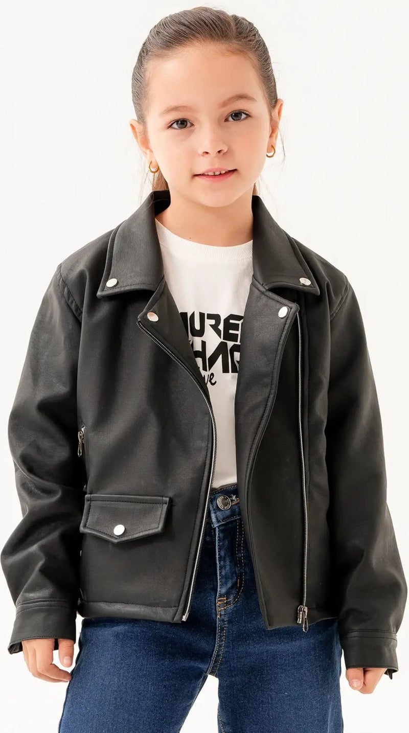 Gold Class Kidswear Double Pocket Zippered Lined Girls Leather Jacket  - Image 3
