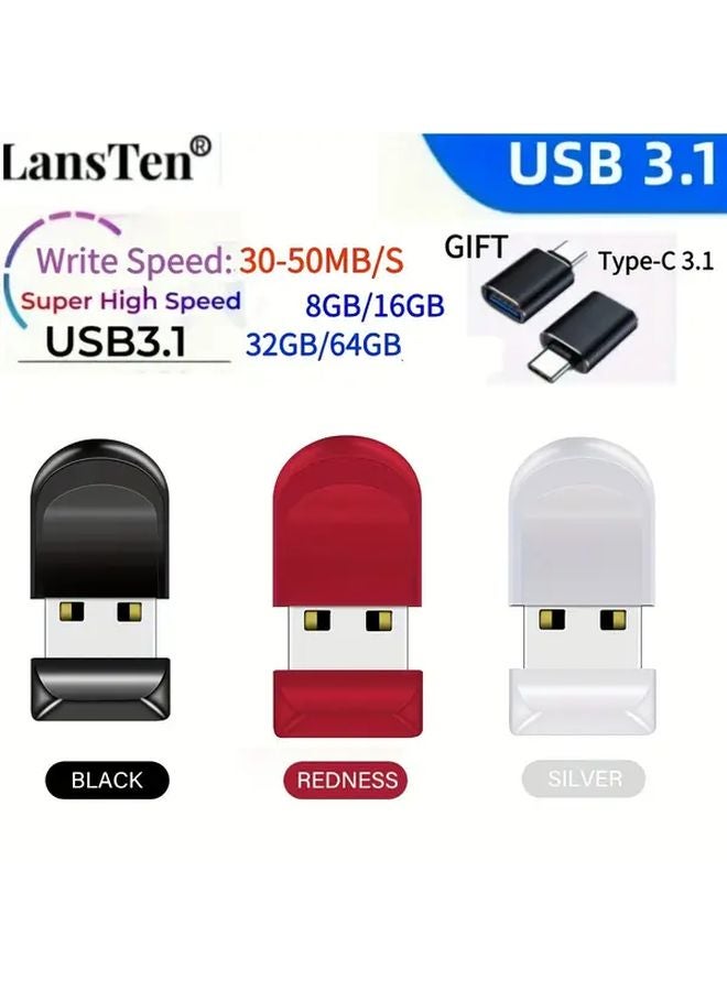 LansTen USB 3.1 محرك فلاش 64 جيجابايت عالي السرعة مع زر معدني ومحول من النوع C - Image 1