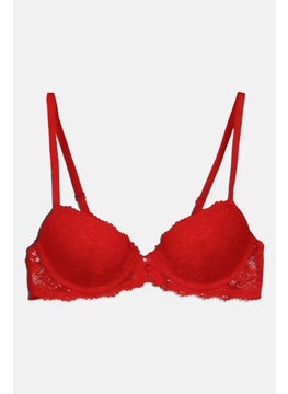 UNDIZ Women Textured Lace Padded Bra, Red  - Image 1