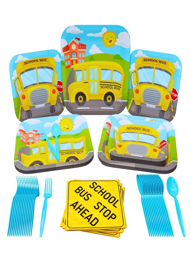 بلو أورتشدس مجموعات حفلات قياسية على شكل حافلة مدرسية (100 قطعة تكفي 16 ضيفًا) - لوازم حفلات على شكل حافلة مدرسية، أطباق ومناديل عيد ميلاد على شكل حافلة مدرسية، زينة حفلات تخرج مدرسية، حفلات مواصلات، بلو أورتشاردز - Image 1