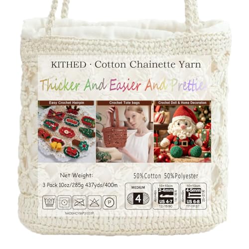 KITHED Cotton Chainette Yarn,4 Medium (Worsted)-10oz,3 Pack,Knitting Yarn for Beginners,Thicker for Crocheting and Knitting (01 Milk White) - Image 2