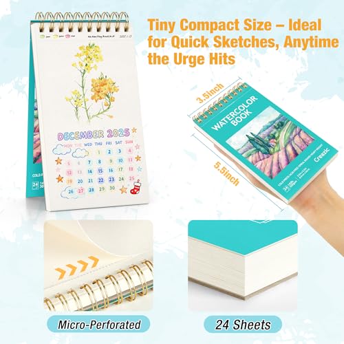 Creazic Small Watercolor Sketchbook, 3.5" x5.5”(140lb/300g), Spiral Bound with Tear Line. Artist Water Color Paper, Portable Travel Notebook for Watercolor or Quick Sketch - Ideal for Kids & Adults - Image 2