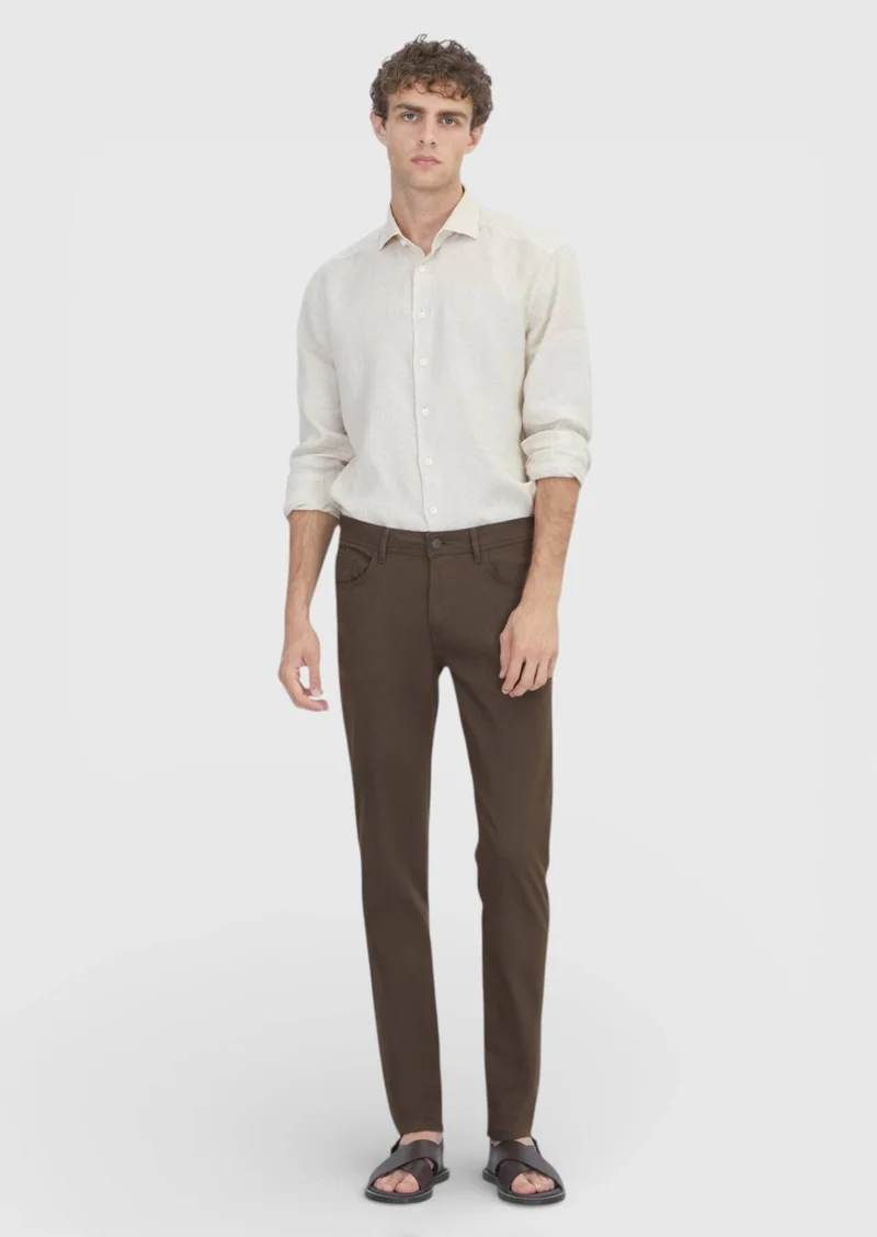 Ramsey Brown Weaving Slim Fit Casual Cotton Blended Trousers