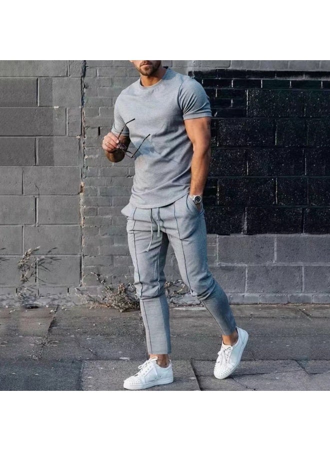 طقم مكون من 2 قطعة تي شيرت رياضي للرجال بأكمام قصيرة و ياقة دائرية صيفي خريفي - Image 2