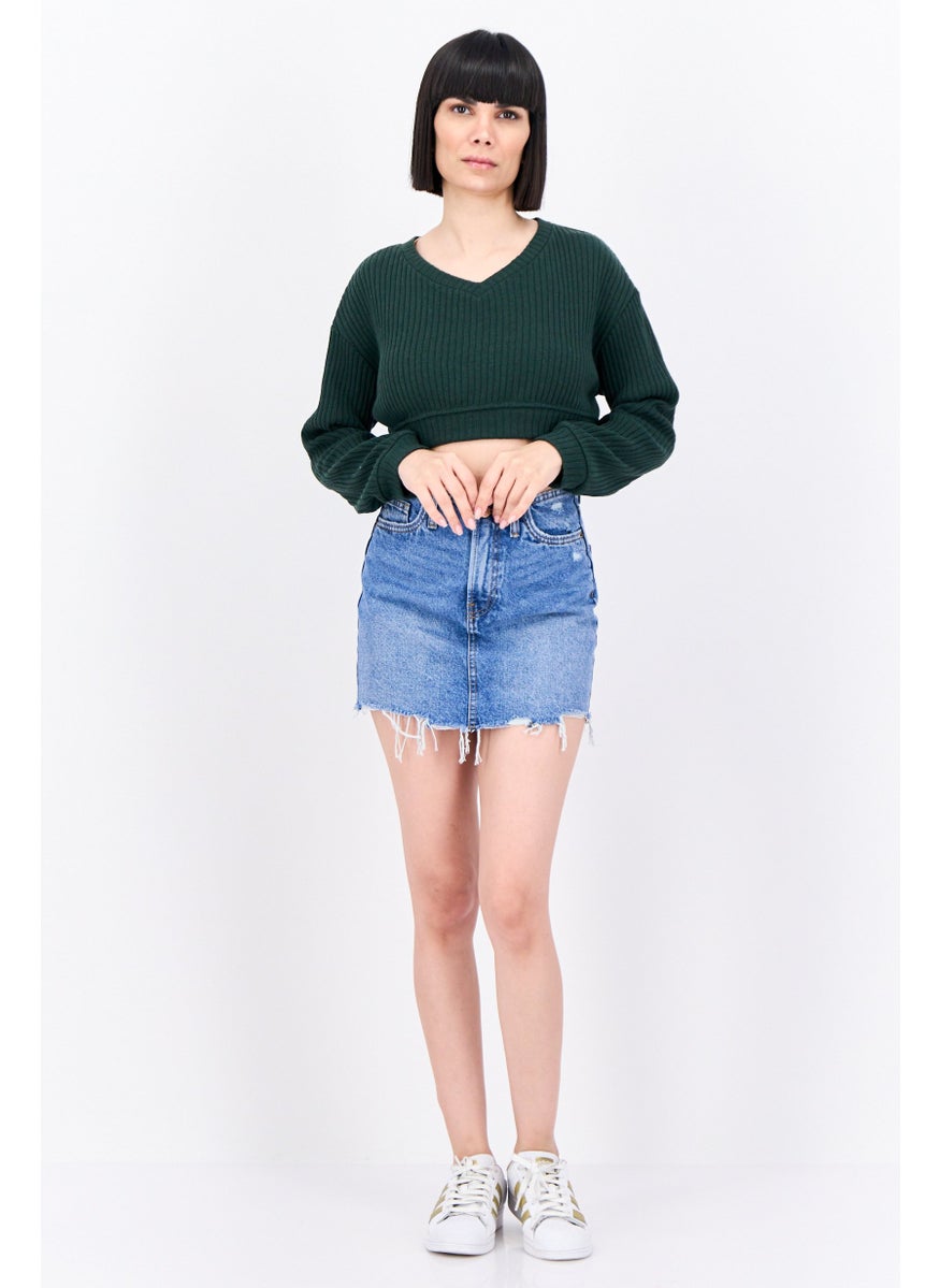 Bershka Women V-Neck Long Sleeves Ribbed Crop Tops,  Dark Olive  - Image 4