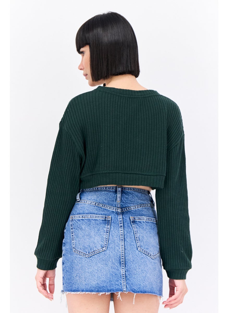 Bershka Women V-Neck Long Sleeves Ribbed Crop Tops,  Dark Olive  - Image 3